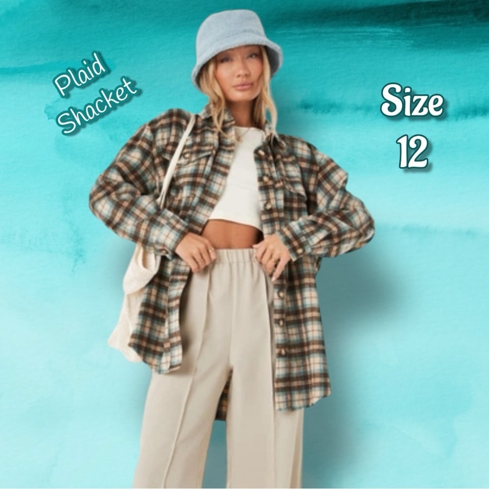 Missguided Women's Oversized Flannel Brown Aqua Teal Plaid Size 12 Shacket
